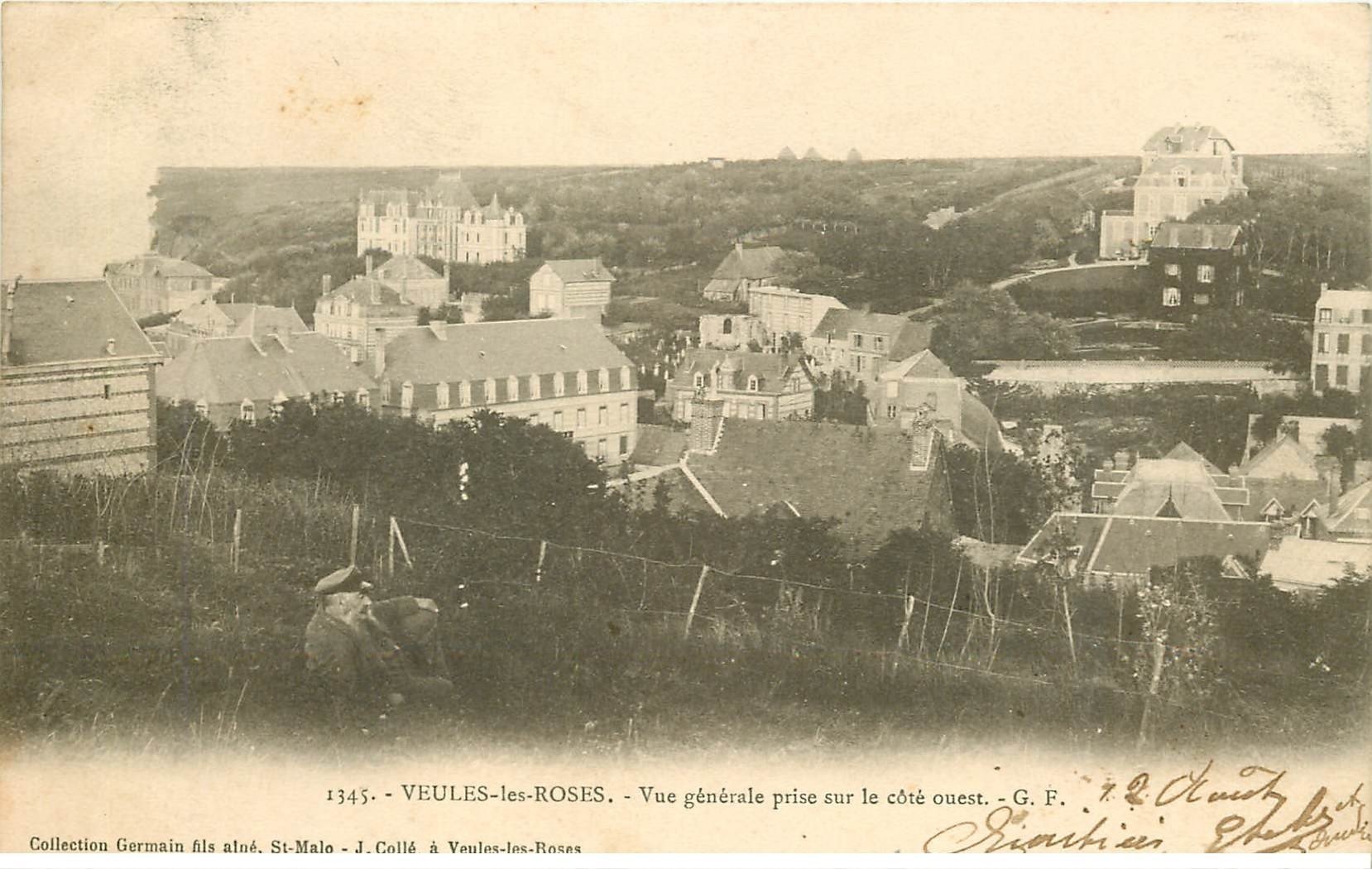 carte postale ancienne 76 VEULES-LES-ROSES. Vue générale 1903 Personnage allongé...