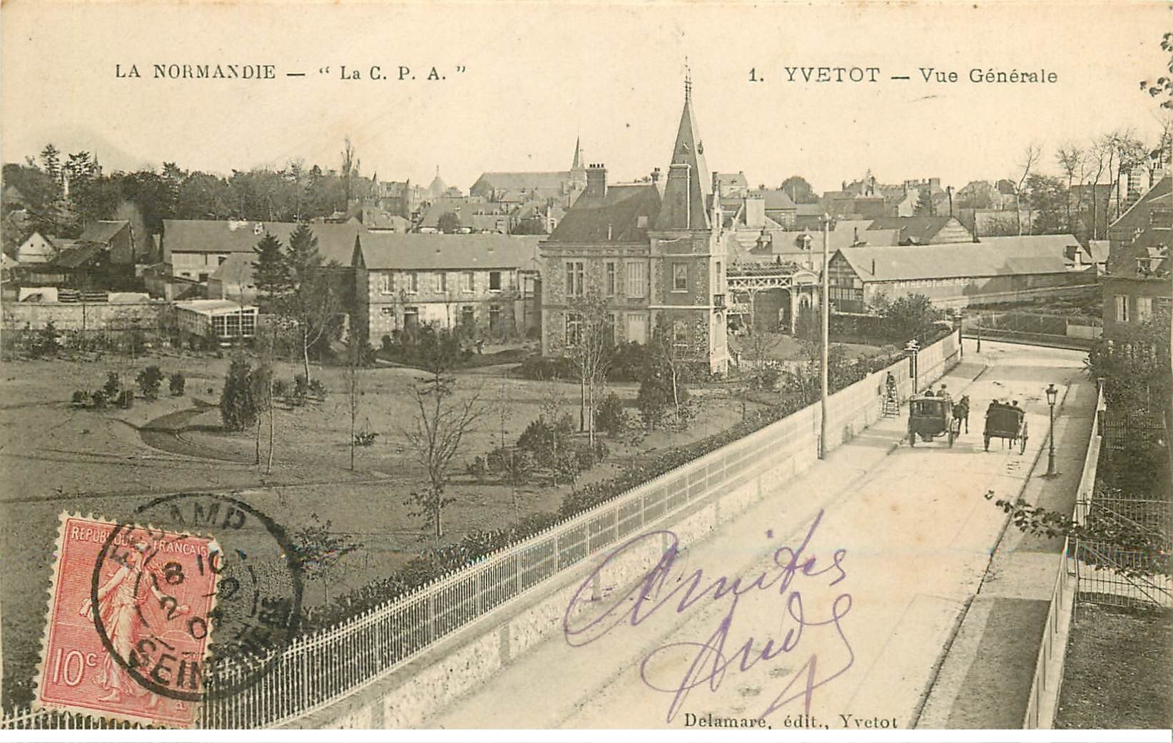 carte postale ancienne 76 YVETOT. Vue générale attelages 1907