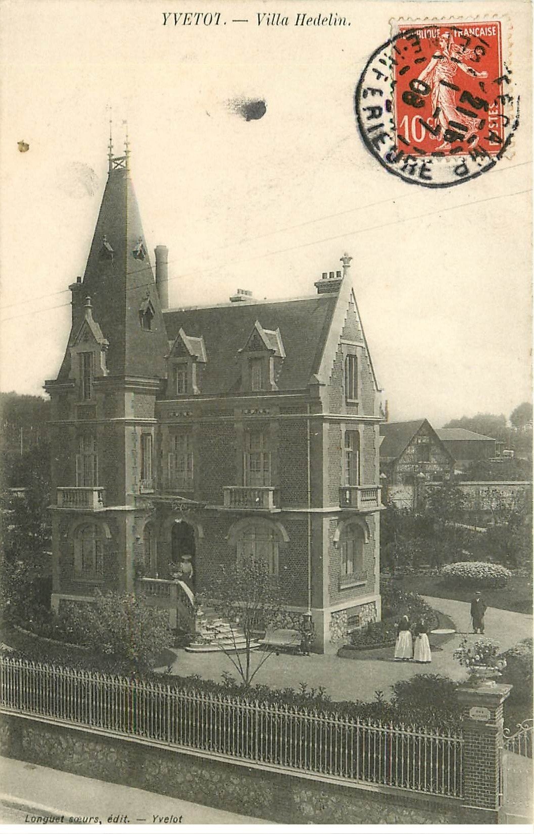carte postale ancienne 76 YVETOT. Villa Hedelin 1908 animation