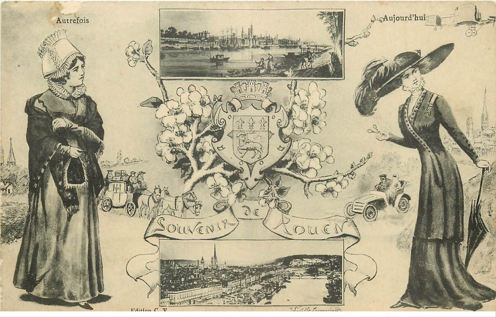 carte postale ancienne 76 ROUEN. Femmes autrefois et aujourd'hui 1913
