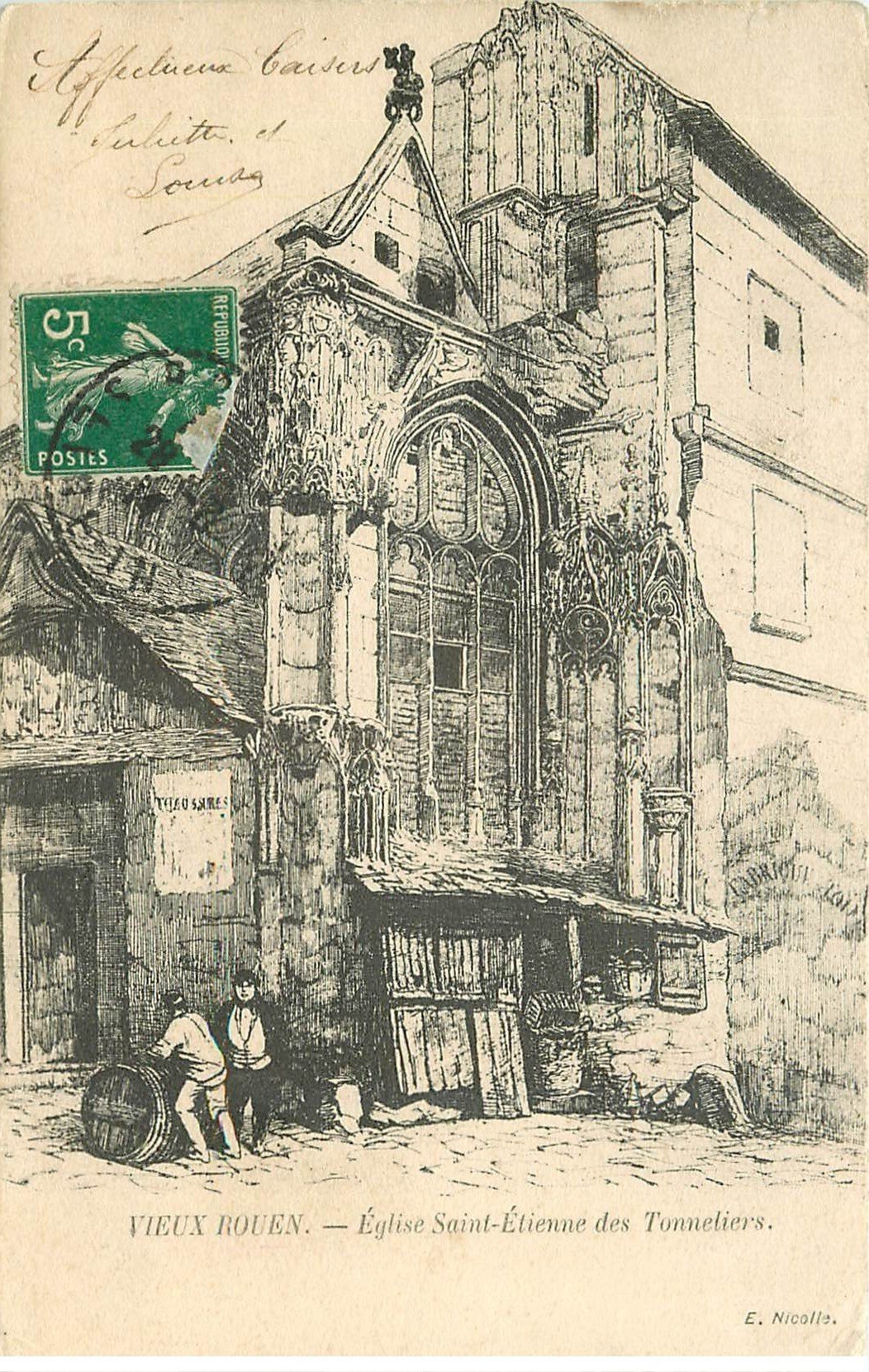 carte postale ancienne 76 ROUEN. D'après dessin à la plume : Eglise Saint-Etienne des Tonneliers 1914