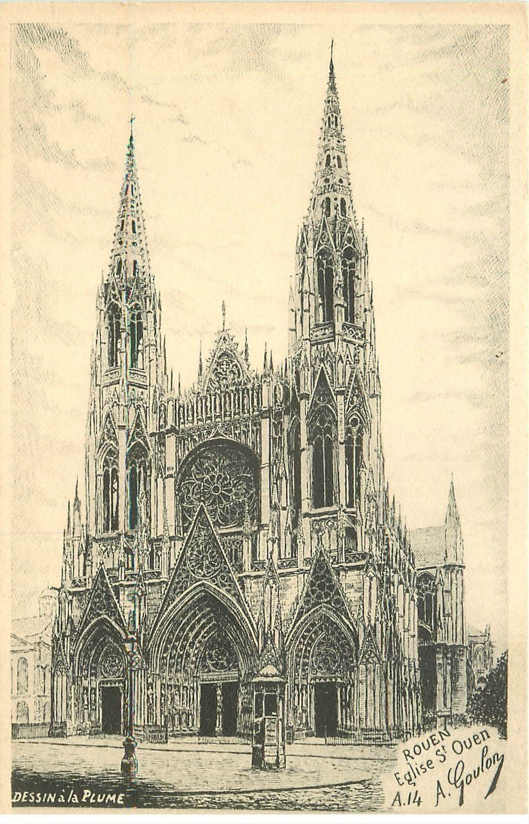 carte postale ancienne 76 ROUEN. D'après dessin à la plume : Eglise Saint-Ouen