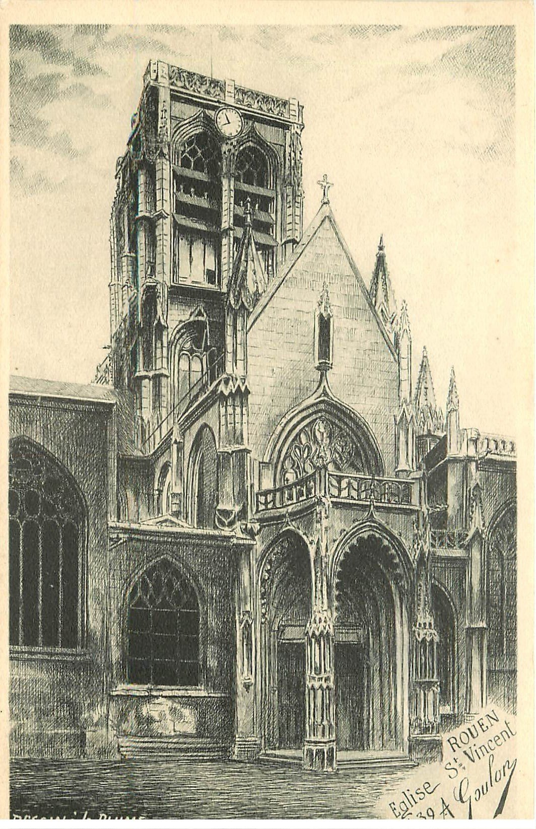 carte postale ancienne 76 ROUEN. D'après dessin à la plume : Eglise Saint-Vincent