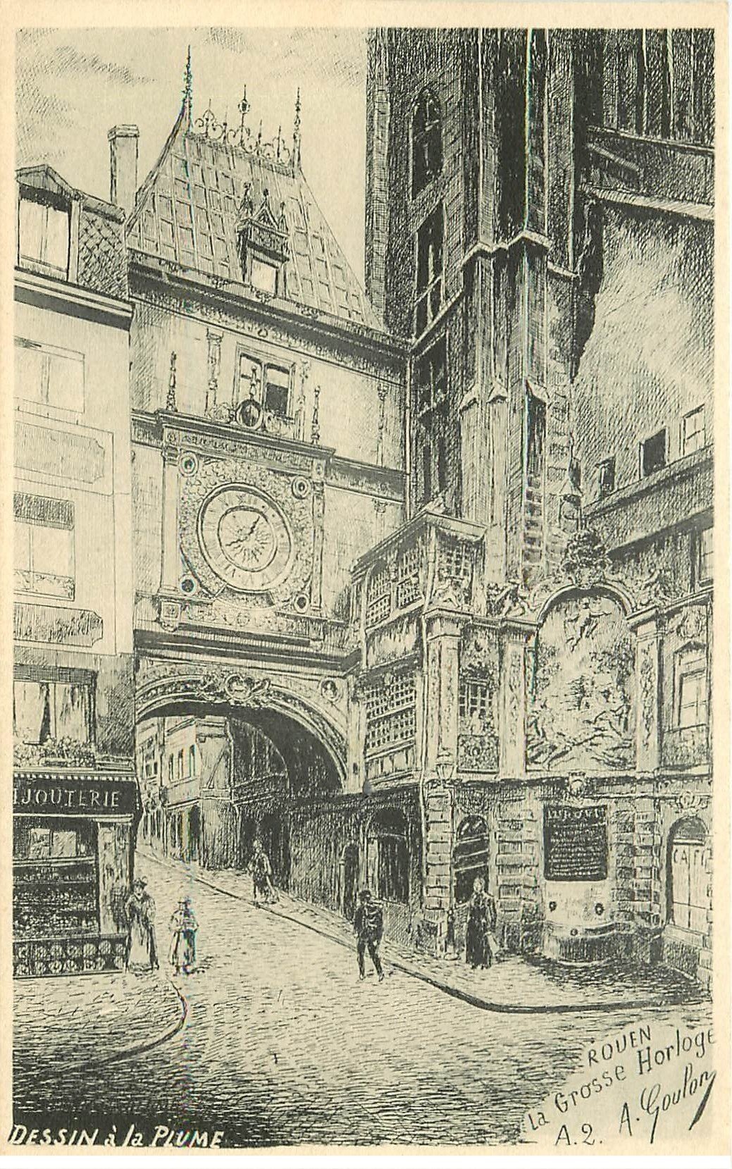 carte postale ancienne 76 ROUEN. D'après dessin à la plume : Grosse Horloge