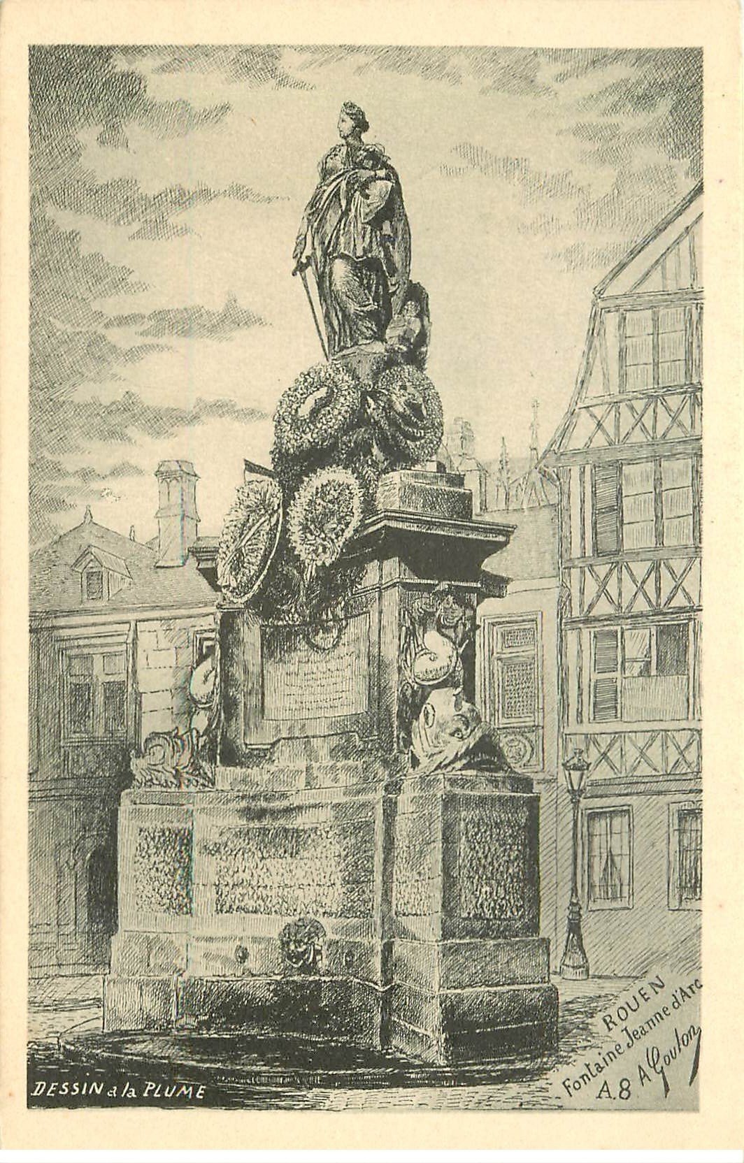 carte postale ancienne 76 ROUEN. D'après dessin à la plume : Fontaine Jeanne d'Arc