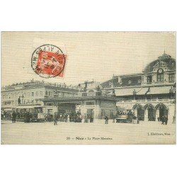 carte postale ancienne 06 NICE. Tramway Place Massena 1913. Carte Toilée