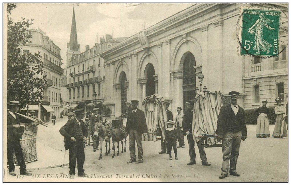 carte postale ancienne 73 AIX-LES-BAINS. Chaises à Porteurs 1909 et Anes