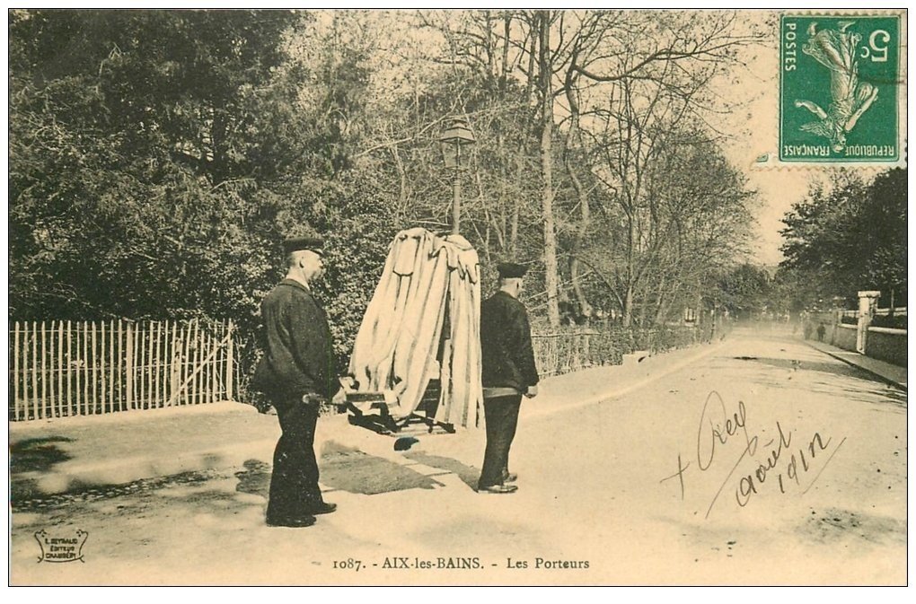 carte postale ancienne 73 AIX-LES-BAINS. Chaises à Porteurs 1912