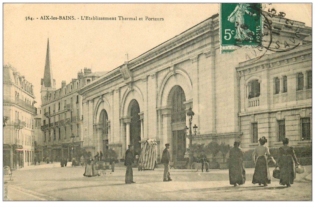carte postale ancienne 73 AIX-LES-BAINS. Chaises à Porteurs 1912 Etablissement Thermal