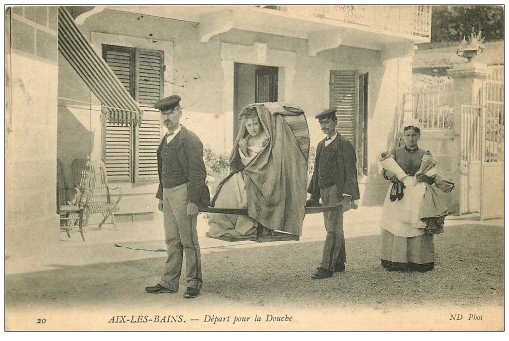 73 AIX-LES-BAINS. Départ pour la Douche en Chaise à Porteurs 1908