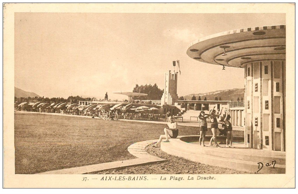 carte postale ancienne 73 AIX-LES-BAINS. Douche de la Plage 1935