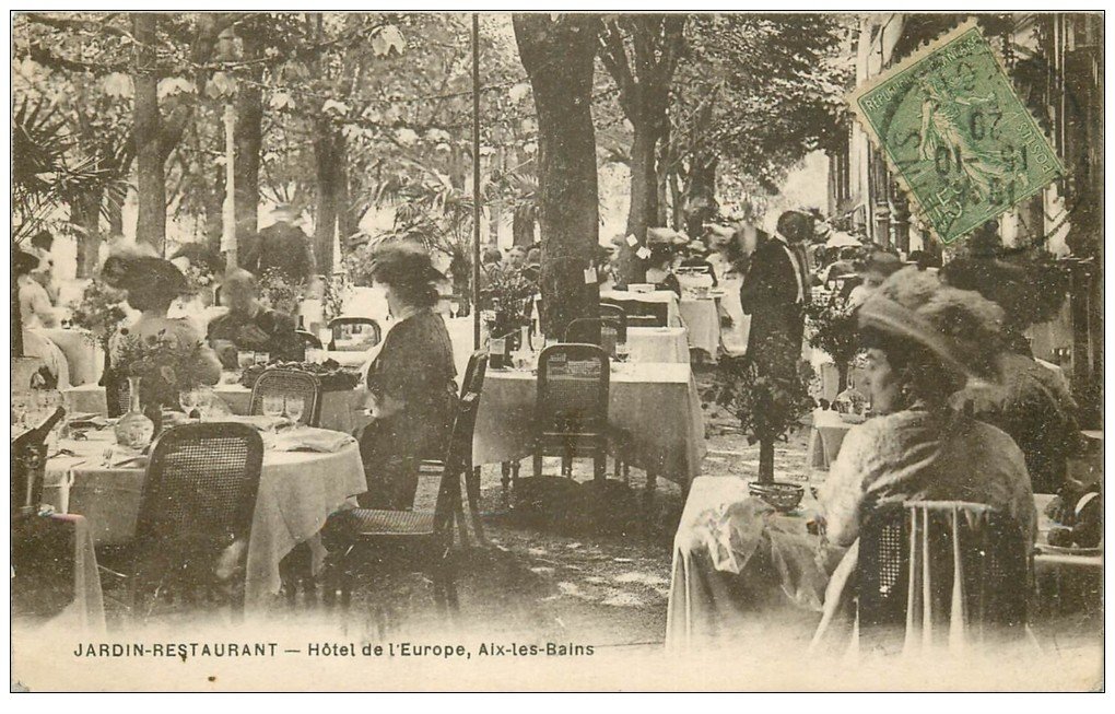 carte postale ancienne 73 AIX-LES-BAINS. Jardin Restaurant Hôtel de l'Europe 1920. Edition Berger