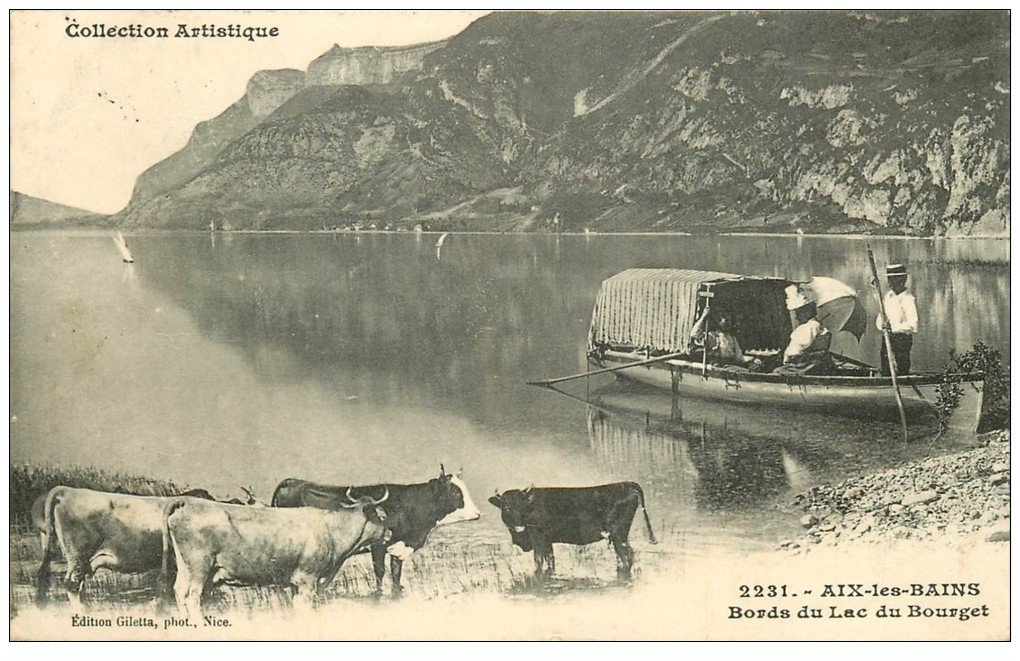 carte postale ancienne 73 AIX-LES-BAINS. Lac du Bourget Ballade en Barque et Vaches 1907