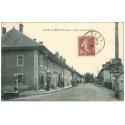 carte postale ancienne 73 ALBENS. Route d'Aix-les-Bains 1928 Pompe à Essence manuelle Mobioil