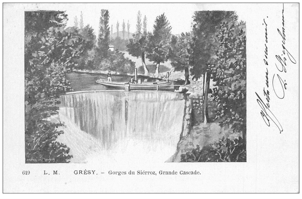 carte postale ancienne 73 GRESY-SUR-AIX. Grande Cascade 1902. Rare d'après un dessin...