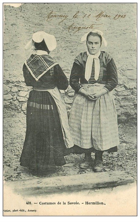 carte postale ancienne 73 HERMILLON. COSTUMES DE LA SAVOIE. Beau timbre 1 Centime 1903