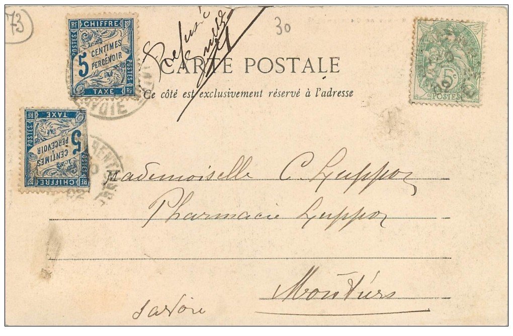carte postale ancienne 73 LA BATHIE. Ruines de Chantemerle. 2 Timbres Taxes et un de 5 Centimes