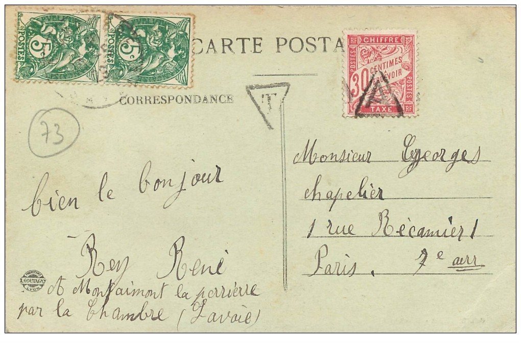carte postale ancienne 73 LA CHAMBRE. Quartier de la Gare. Timbre Taxe et 2 de 5 centimes 1928