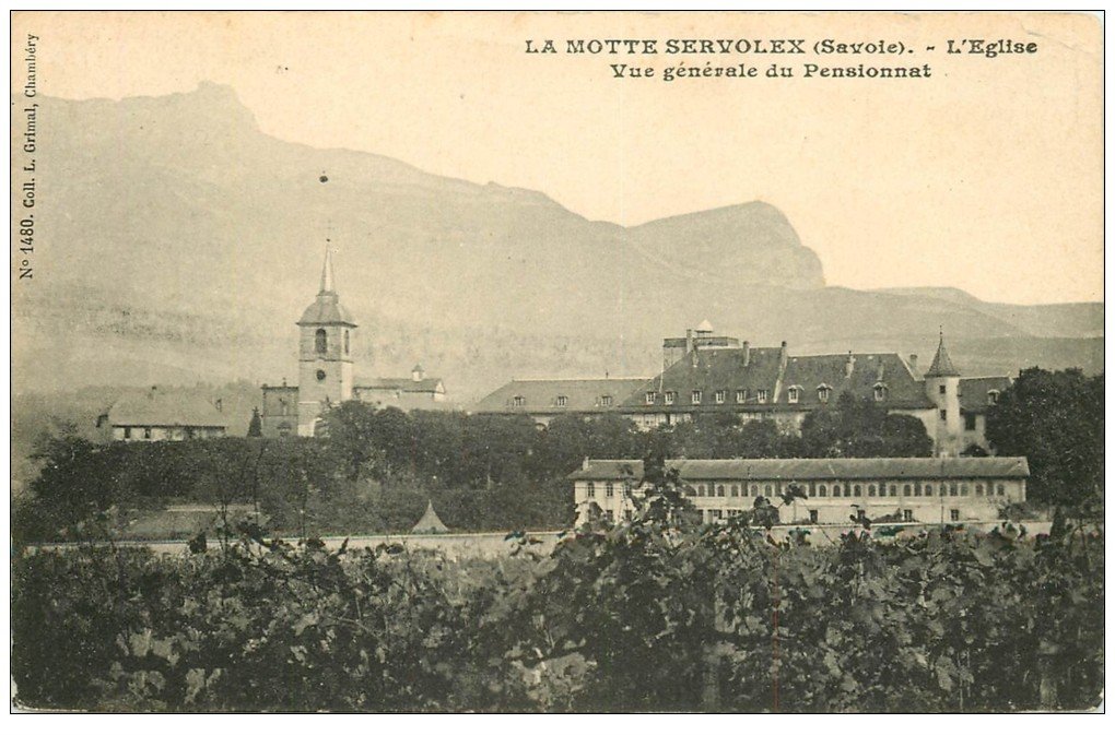 carte postale ancienne 73 LA MOTTE SERVOLEX. Eglise et Pensionnat 1919