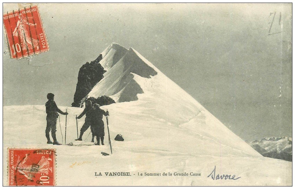carte postale ancienne 73 LA VANOISE. Skieurs au Sommet de la Grande Casse 1910