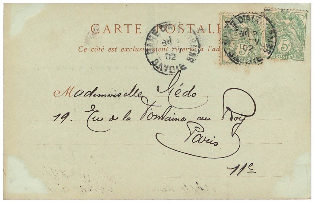carte postale ancienne 73 LAC DU BOURGET. Baie de la Grésine. 2 Timbres de 5 Centimes 1902