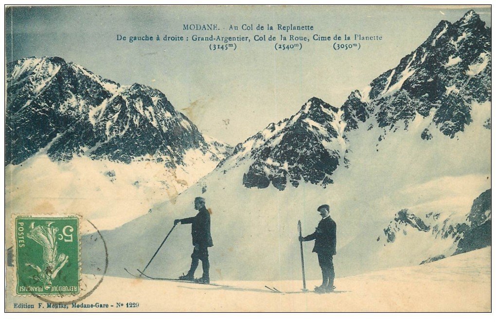 carte postale ancienne 73 MODANE. Skieurs au Col de la Replanette 1913