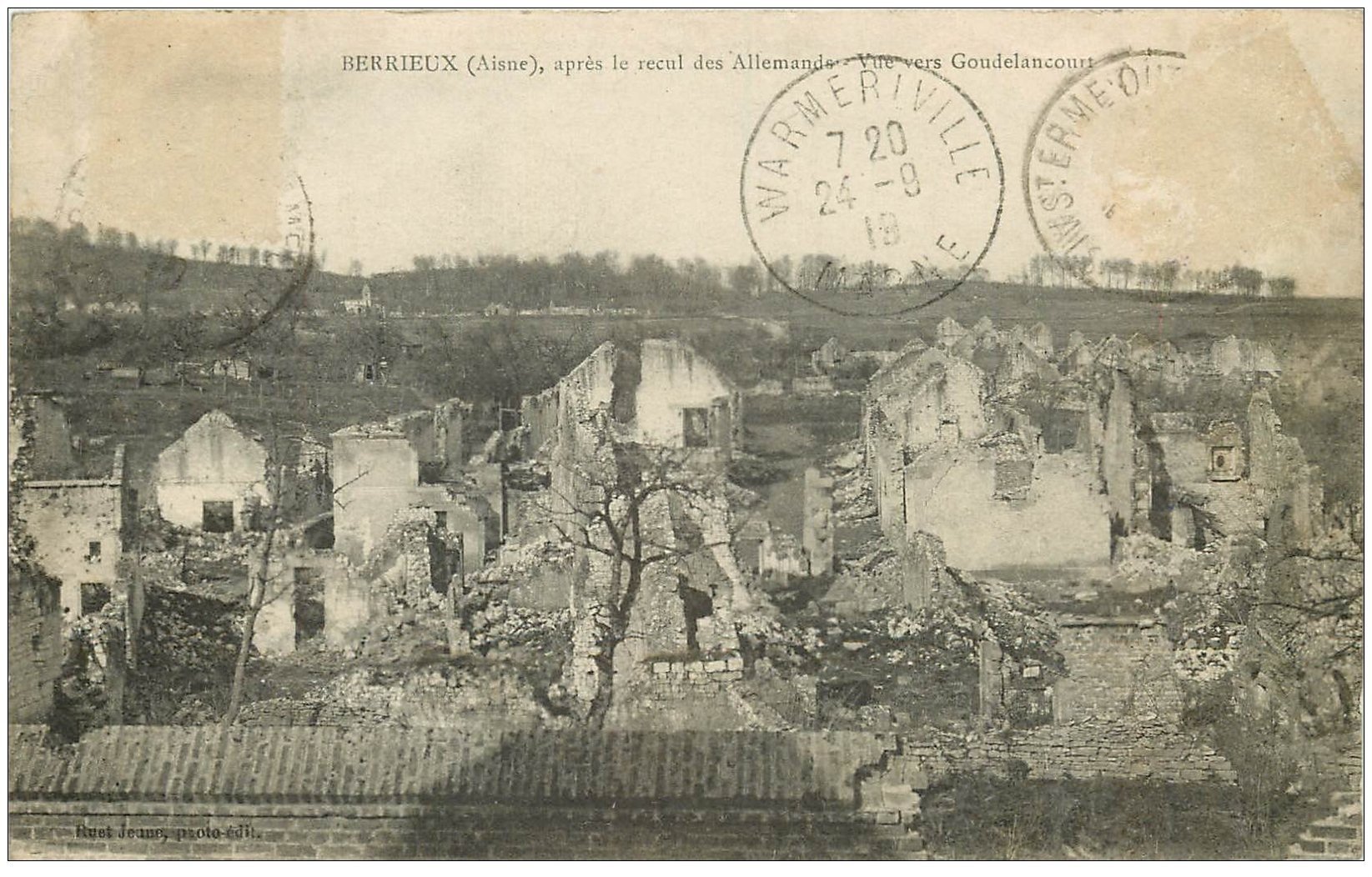 carte postale ancienne 02 BERRIEUX. Vue vers Goudelancourt 1919. Guerre 14-18