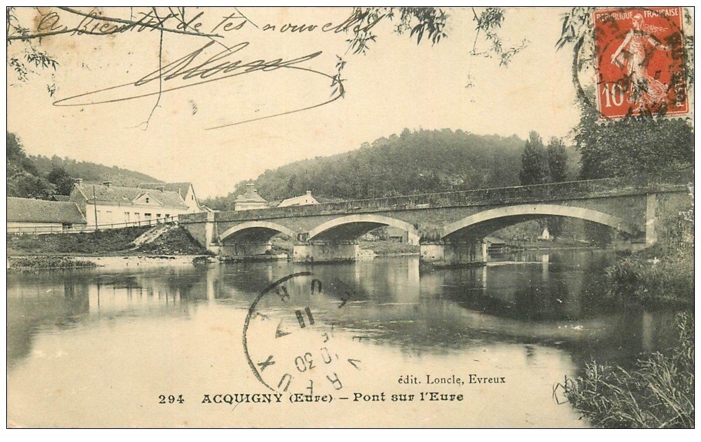 carte postale ancienne 27 ACQUIGNY. Pont sur l'Eure 1911