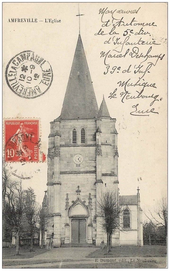 carte postale ancienne 27 AMFREVILLE-LA-CAMPAGNE. L'Eglise 1912