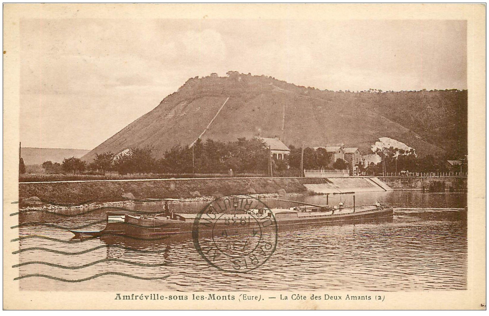 carte postale ancienne 27 AMFREVILLE-SOUS-LES-MONTS. Côte des des Deux Amants 1938 et Péniche