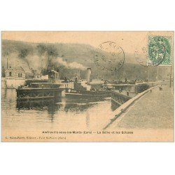 carte postale ancienne 27 AMFREVILLE-SOUS-LES-MONTS. Ecluses et Bateau sur la Seine 1907