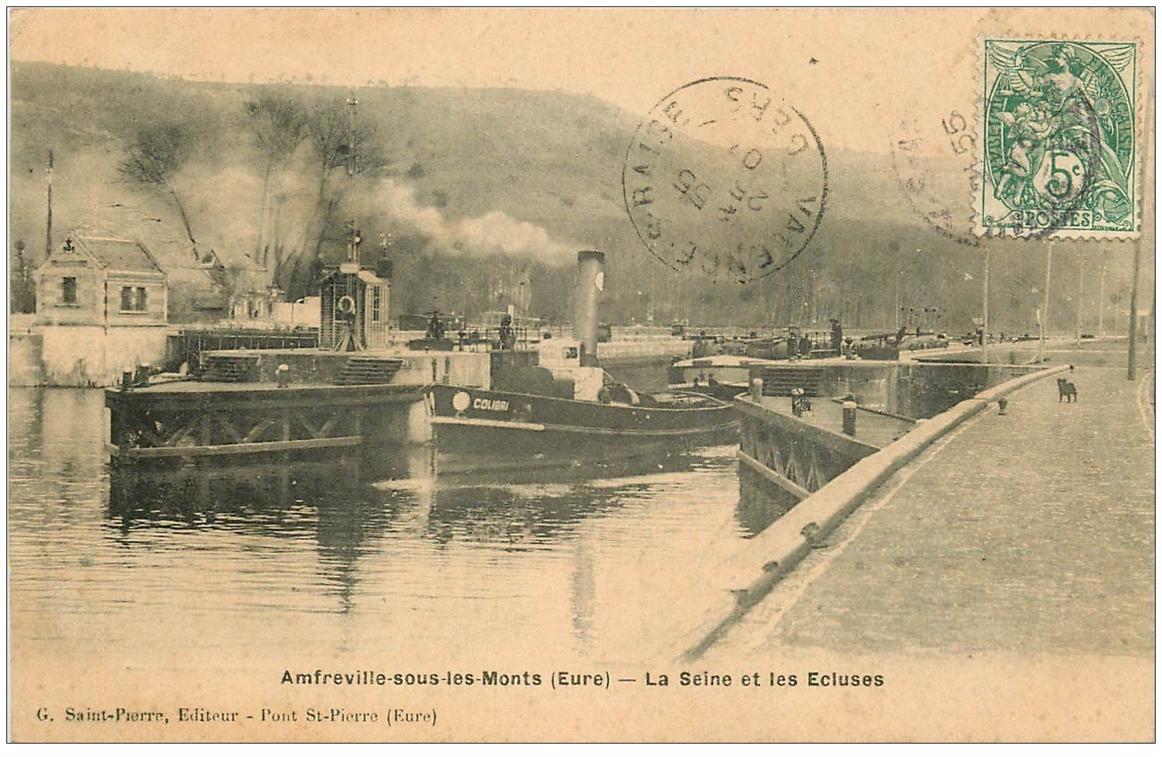 carte postale ancienne 27 AMFREVILLE-SOUS-LES-MONTS. Ecluses et Bateau sur la Seine 1907