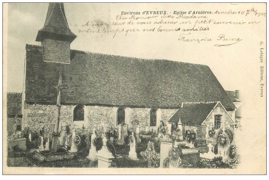 carte postale ancienne 27 ARNIERES ou ASNIERES. L'Eglise et Cimetière 1902
