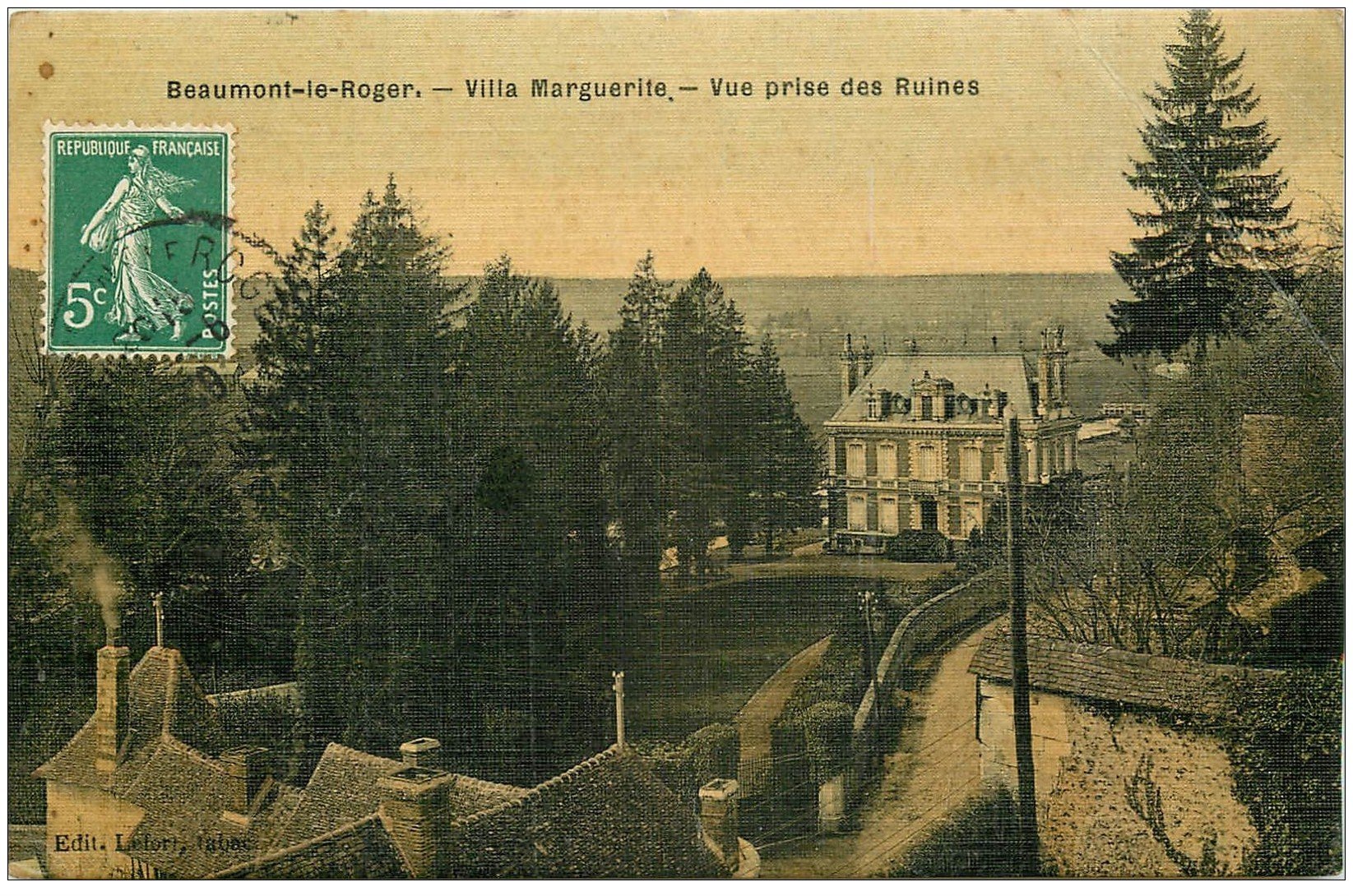 carte postale ancienne 27 BEAUMONT-LE-ROGER. Villa Marguerite. Superbe carte toilée 1909 pour le Neubourg