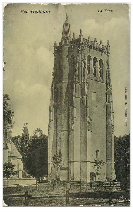 carte postale ancienne 27 BEC-HELLOUIN. La Tour 1908. Etat moyen...