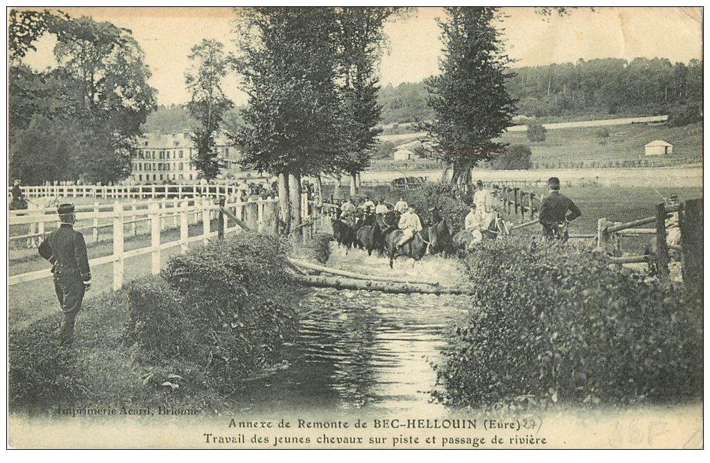 carte postale ancienne 27 BEC-HELLOUIN. Travail jeunes Chevaux et passage de Rivière Annexe de Remonte 1914