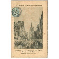 carte postale ancienne 27 BERNAY. Procession Fête-Dieu rue du Commerce 1905. Carte papier velin découpe à la ficelle