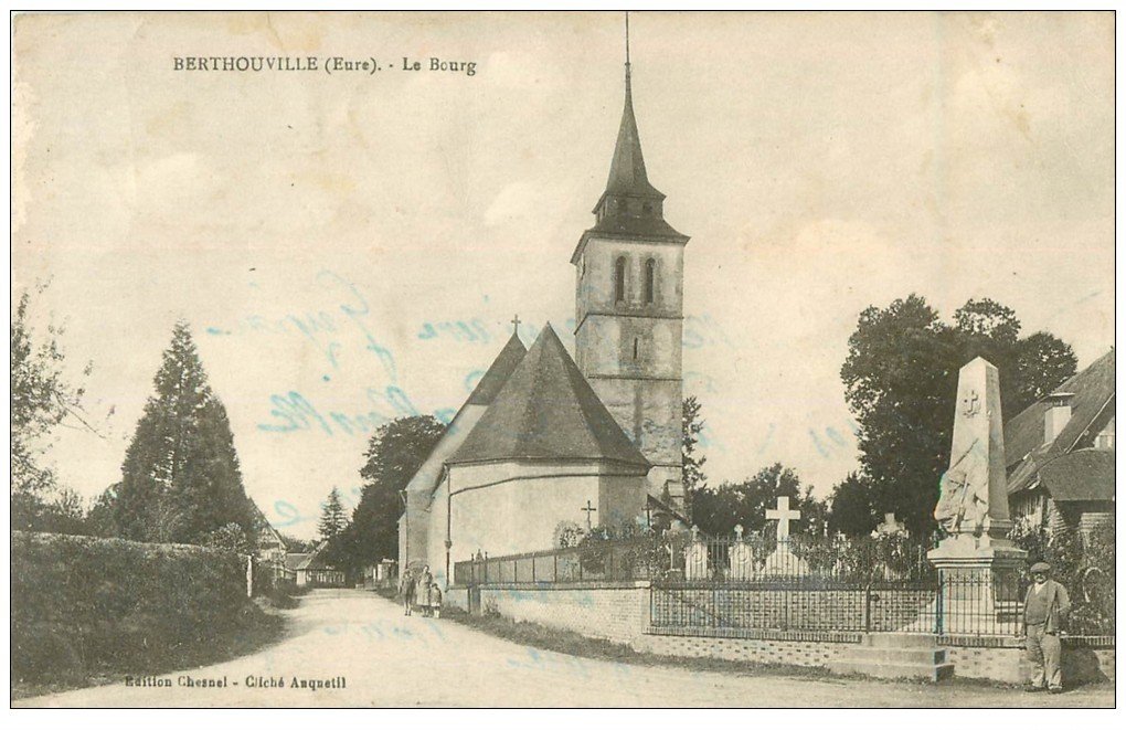 carte postale ancienne 27 BERTHOUVILLE. Le Bourg et son Cimetière 1936