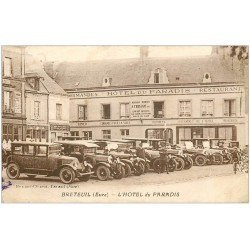 carte postale ancienne 27 BRETEUIL. Restaurant Hôtel du Paradis Chauffeurs voitures de maîtres. Menu au verso