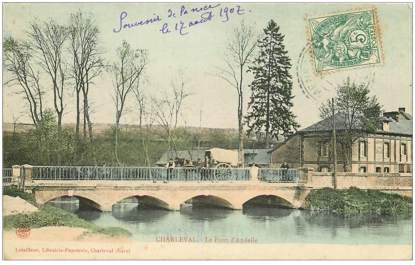 carte postale ancienne 27 CHARLEVAL. Attelage sur Pont d'Andelle 1907