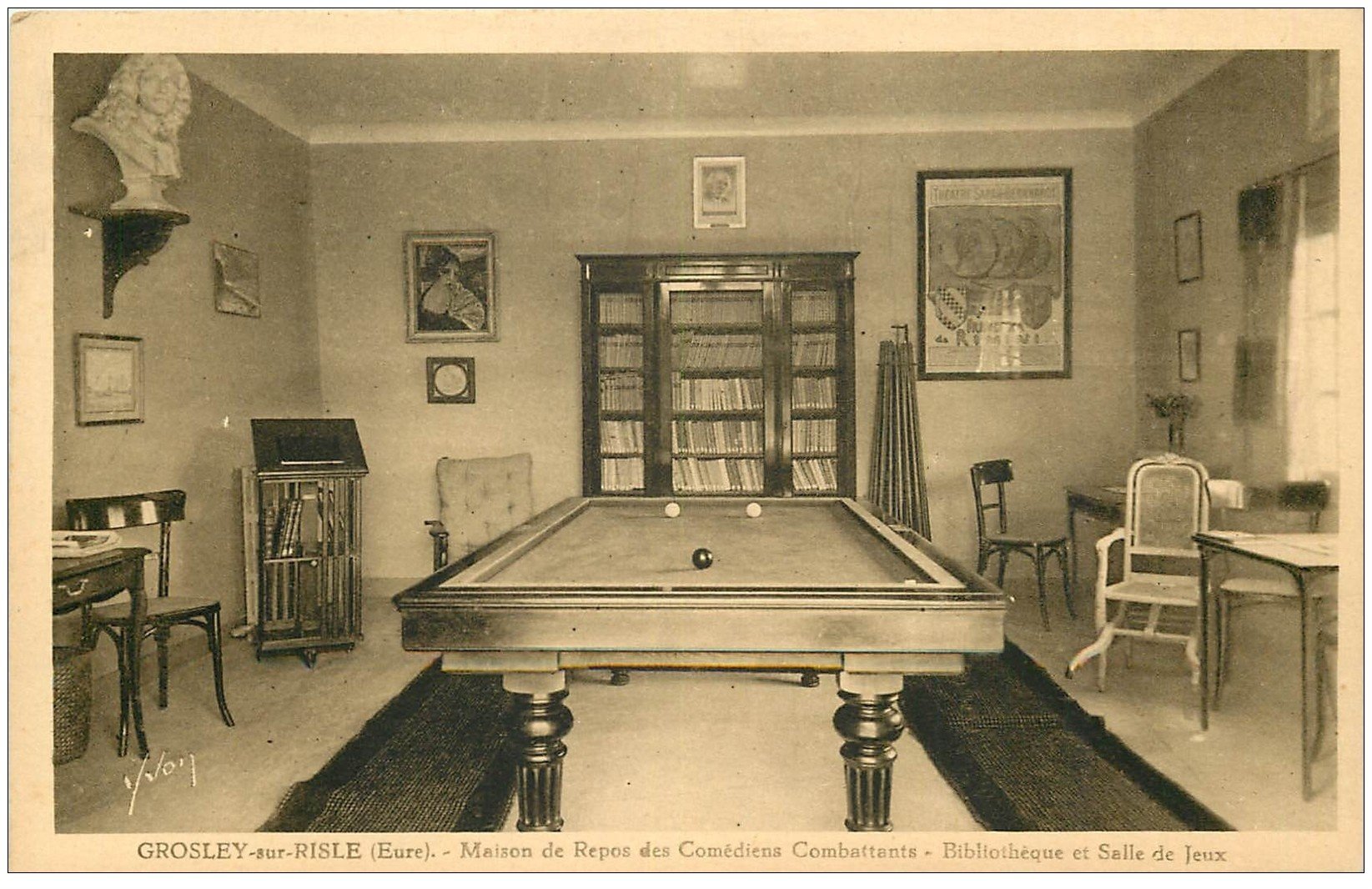 carte postale ancienne 27 GROSLEY-SUR-RISLE. Bibliothèque et Salle de jeux Maison de Repos des Comédiens billard