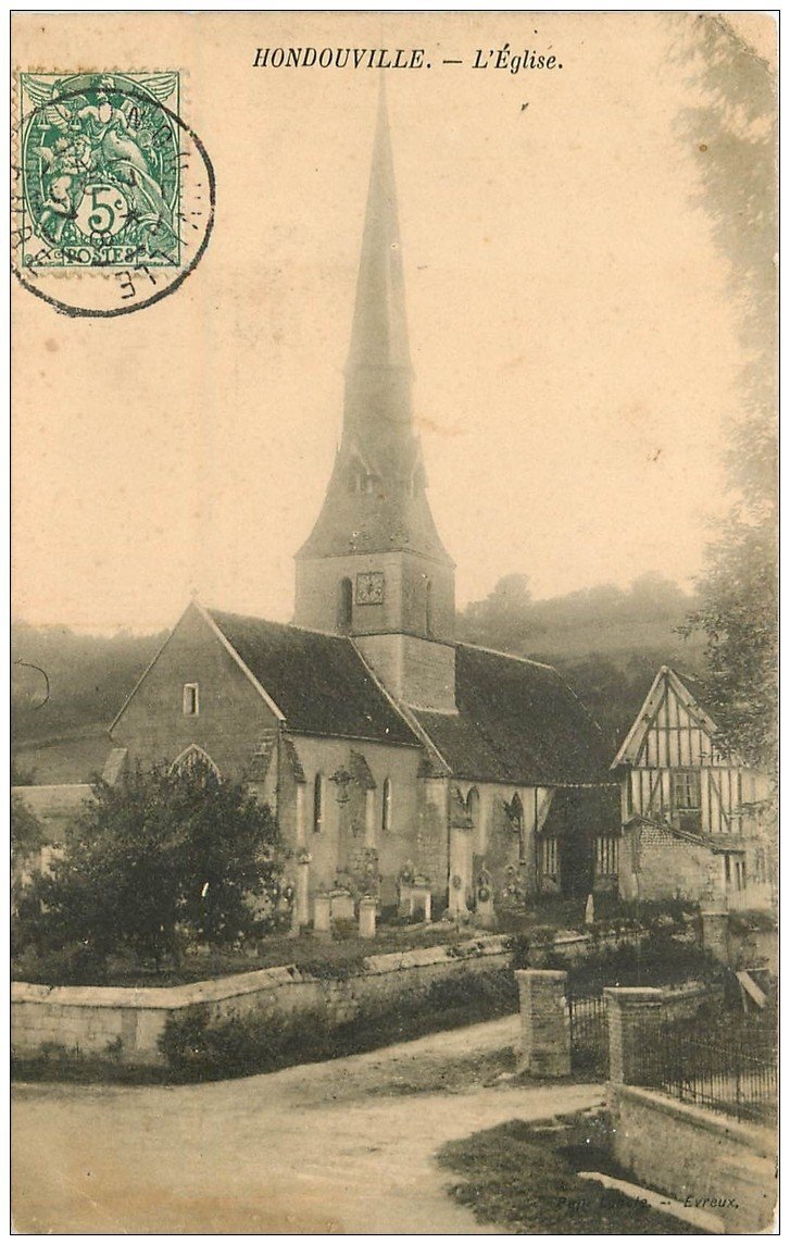 carte postale ancienne 27 HONDOUVILLE. Eglise et Cimetière 1907