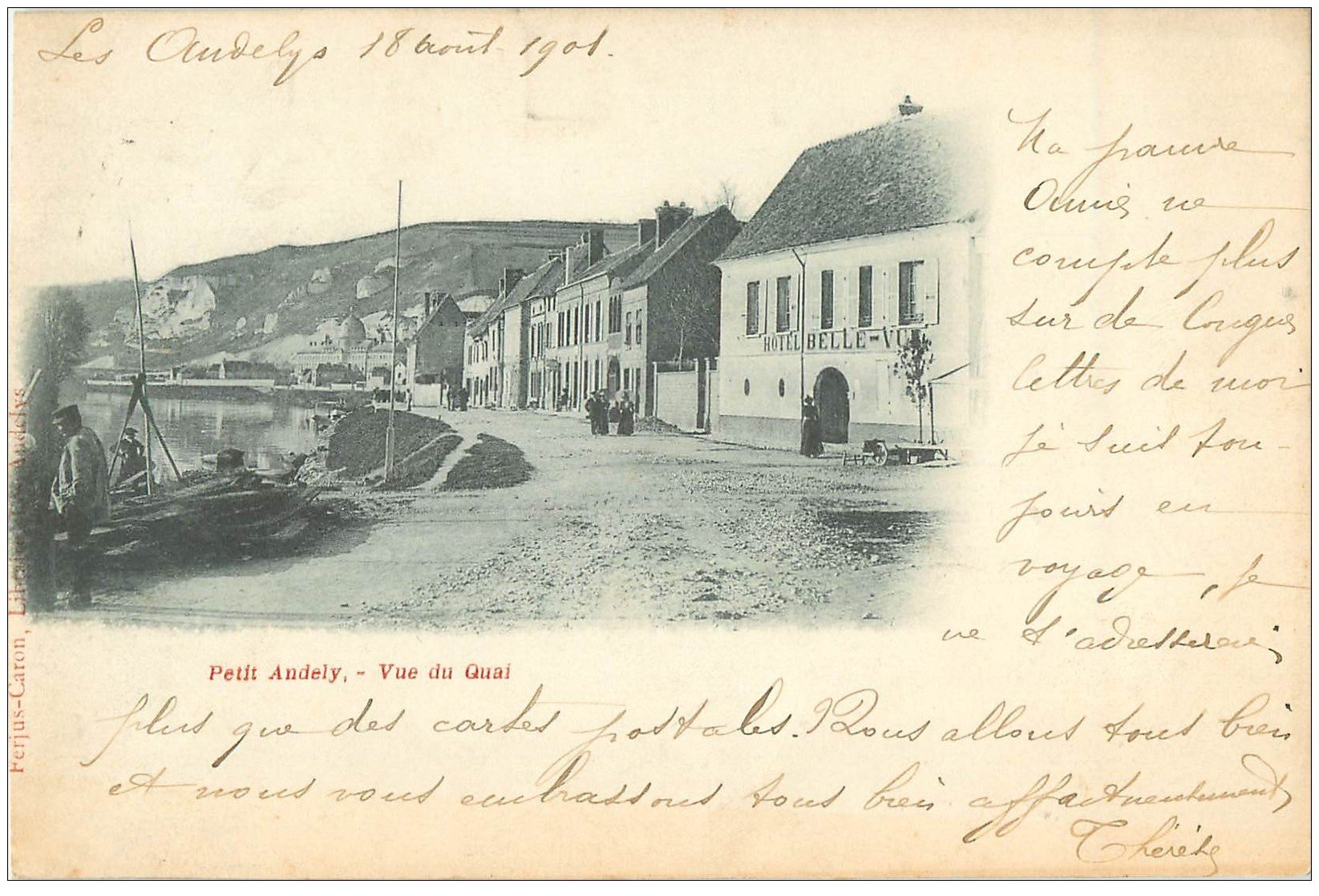 carte postale ancienne 27 LES ANDELYS. Vue du Quai 1901 Hôtel Belle-Vue et barques de Pêcheurs