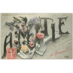 carte postale ancienne 27 LOUVIERS. Amitié 1907 Fleurs et ruban. Pour Dunkerque
