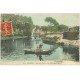 carte postale ancienne 27 LOUVIERS. Chasseurs en barque près Pont Noir 1906. Petit timbre RF 20 centimes