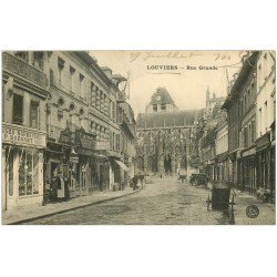 carte postale ancienne 27 LOUVIERS. Rue Grande 1914 Garage, Automobiles France et Cave à vins