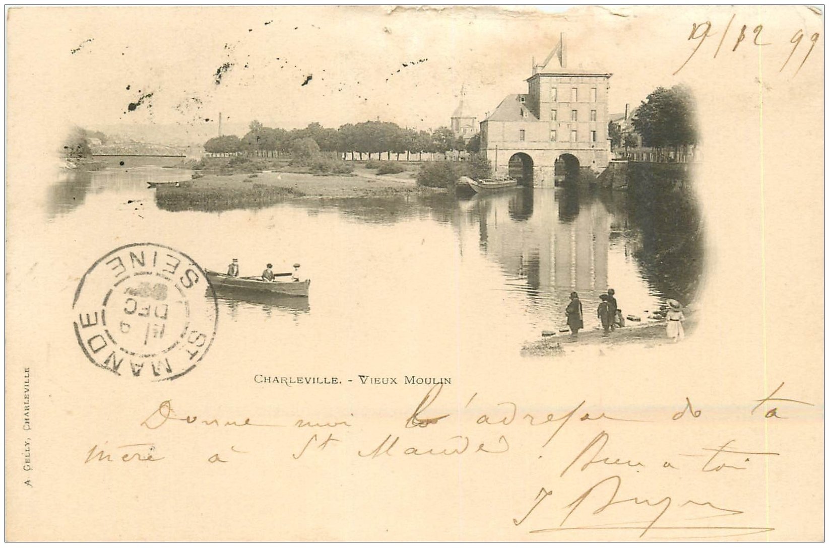 carte postale ancienne 08 CHARLEVILLE. Rare 1899 Vieux Moulin et barque (défaut)