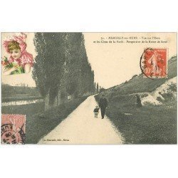 carte postale ancienne 27 MARCILLY-SUR-EURE. Côtes de la Forêt Route de Sorel. Rare 1906 puis 1911. Fillette en ajout