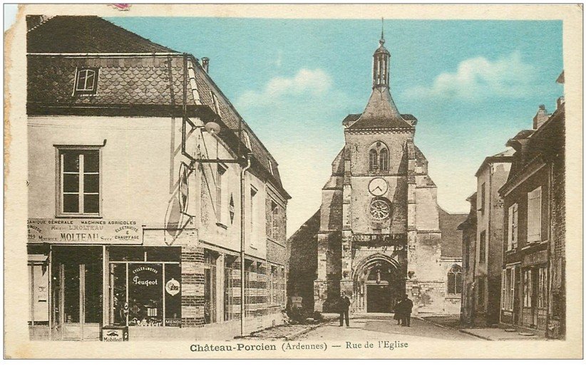 carte postale ancienne 08 CHATEAU-PORCIEN. Rue de l'Eglise 1933. Magasin Peugeot (défaut)...