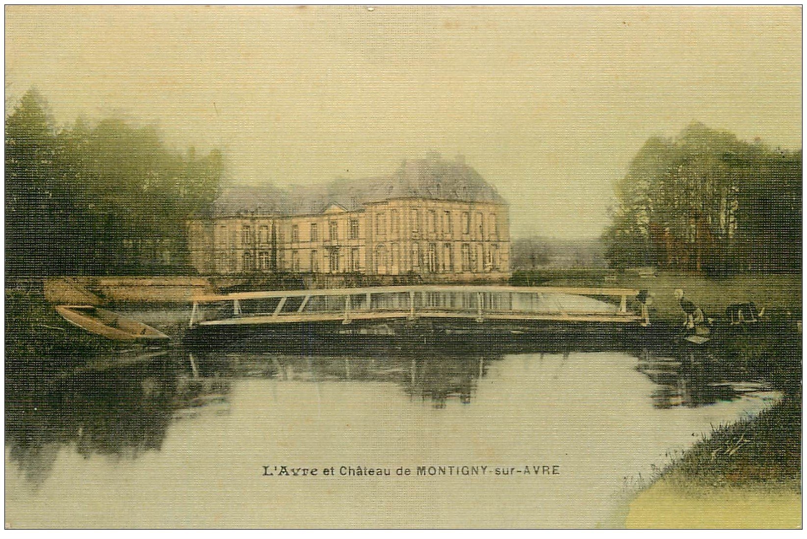 carte postale ancienne 27 MONTIGNY-SUR-AVRE. Avre et Château avec Lavandière. Belle carte toilée